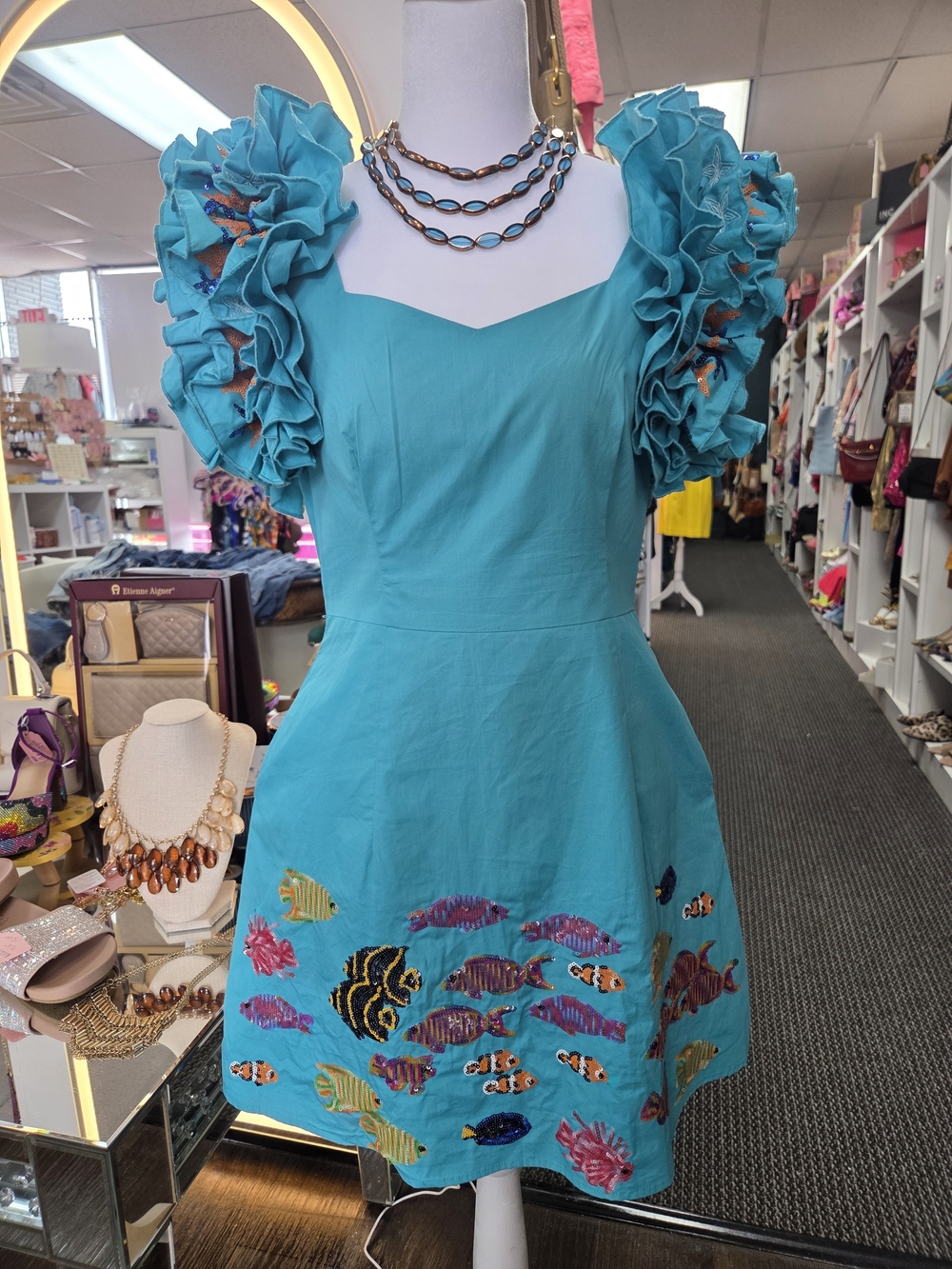QUEEN OF SPARKLES Turquoise Ruffle Sleeve Mini Dress with Embroidered Fish